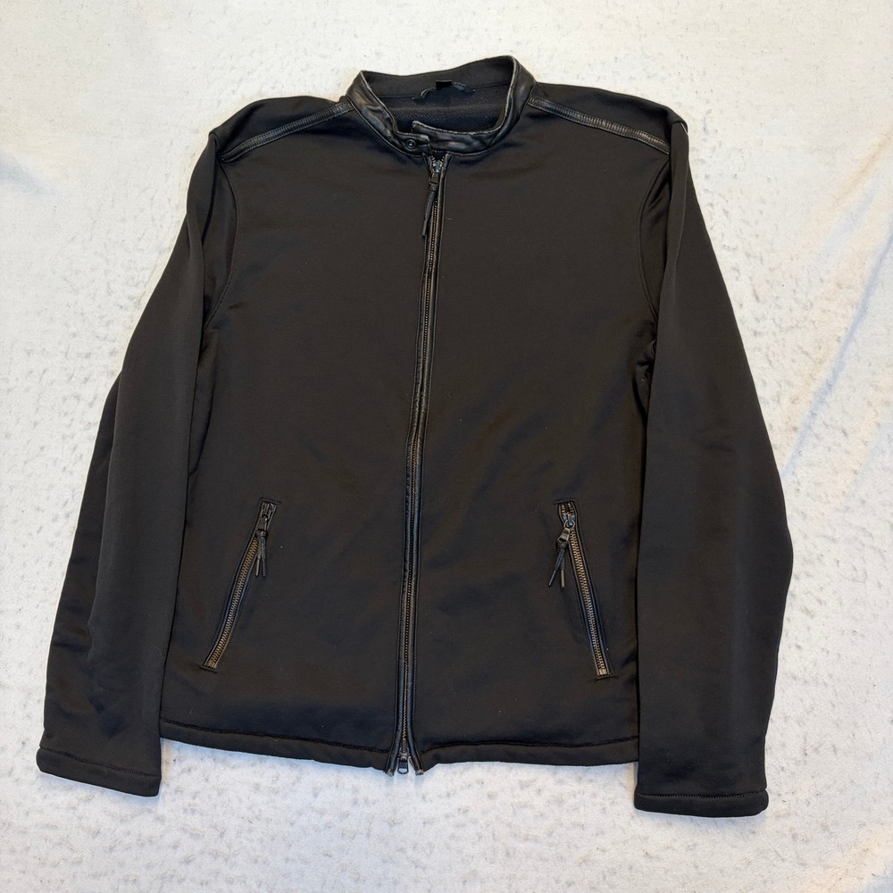 John Varvatos USA Track Moto Jacket Mens Large Black Leather Trim Full Zip